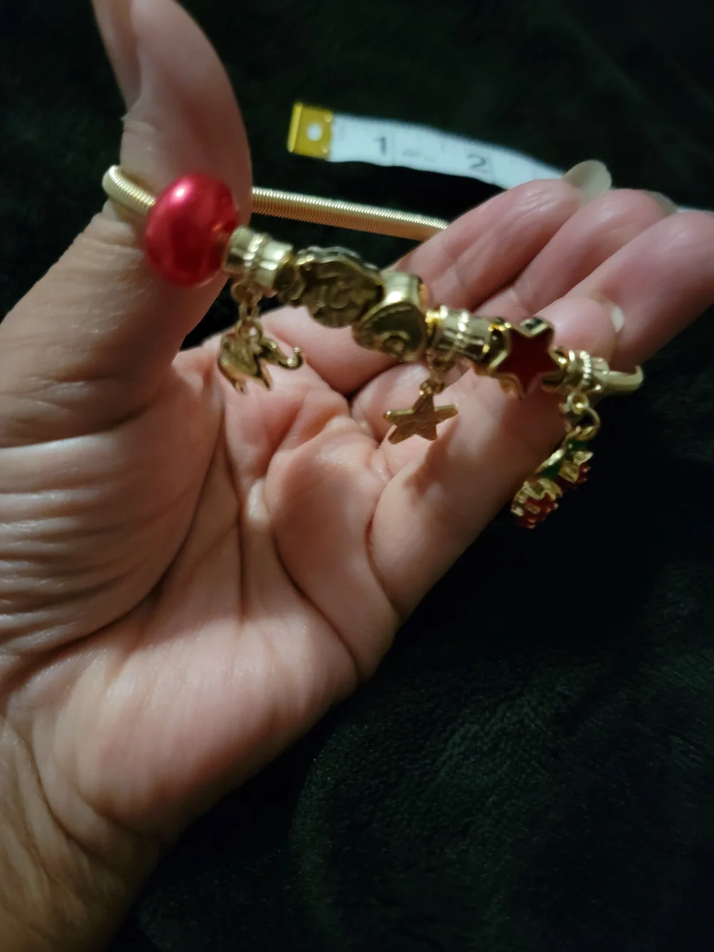 Gold Charm Bracelet with Red and Green Accents